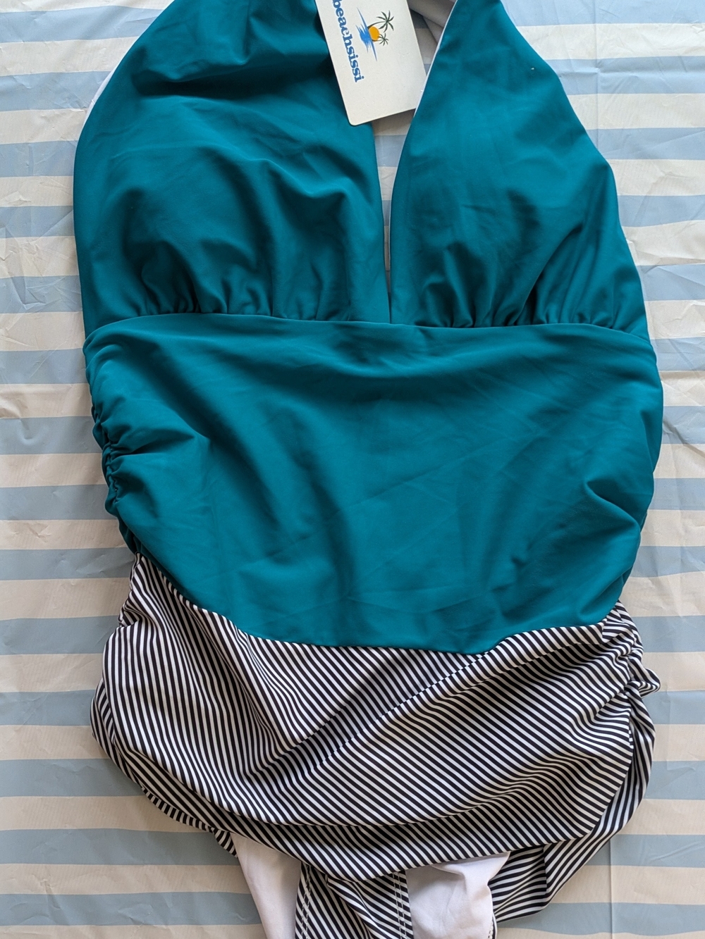 Striped Skirt Teal Halter One-Piece Swimsuit by Beachkiss